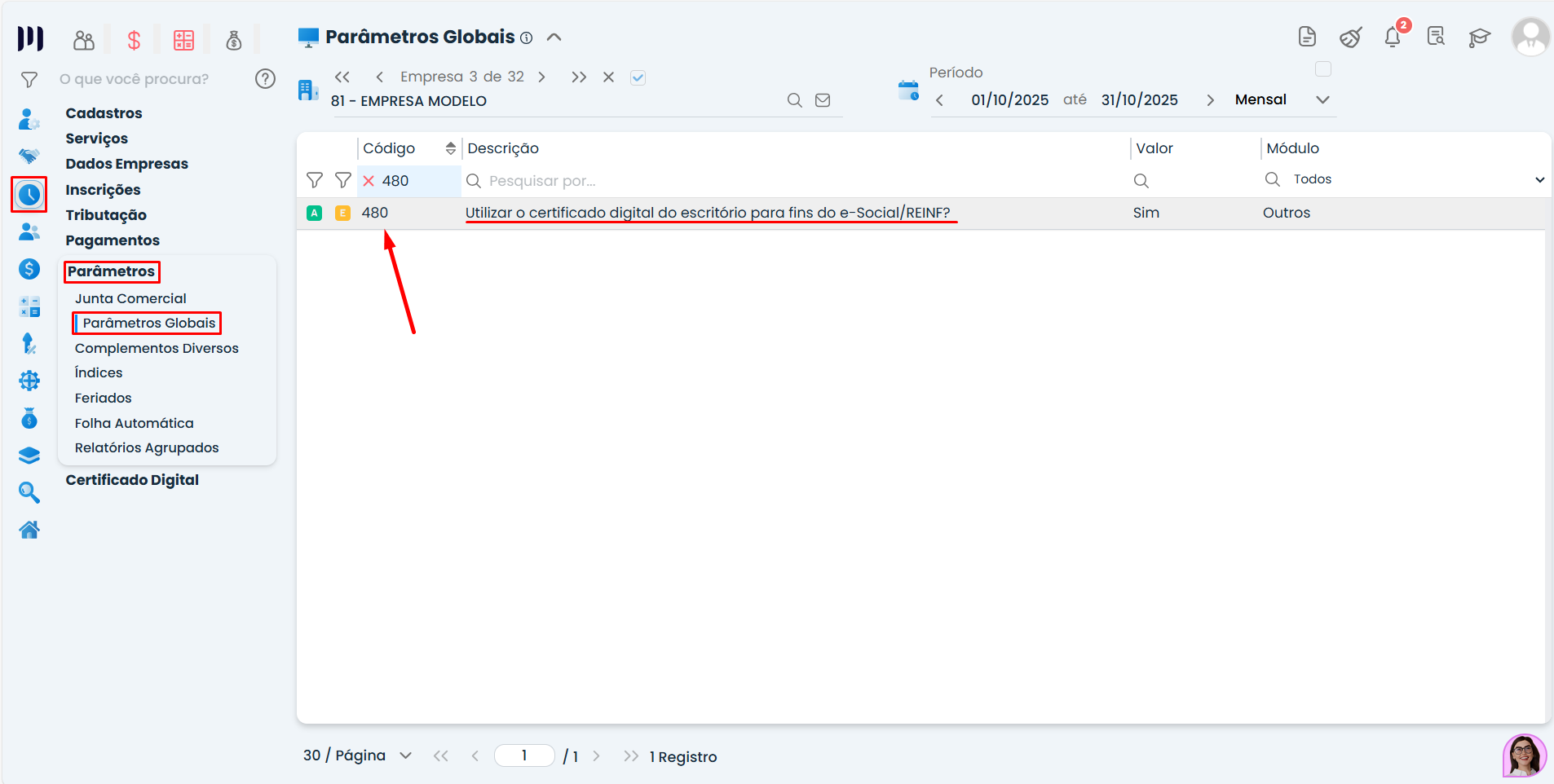 Tela de Parâmetros Globais no Sistema Contábil Makro com código 480 destacado para ajustar Falha na geração evento S-2200.