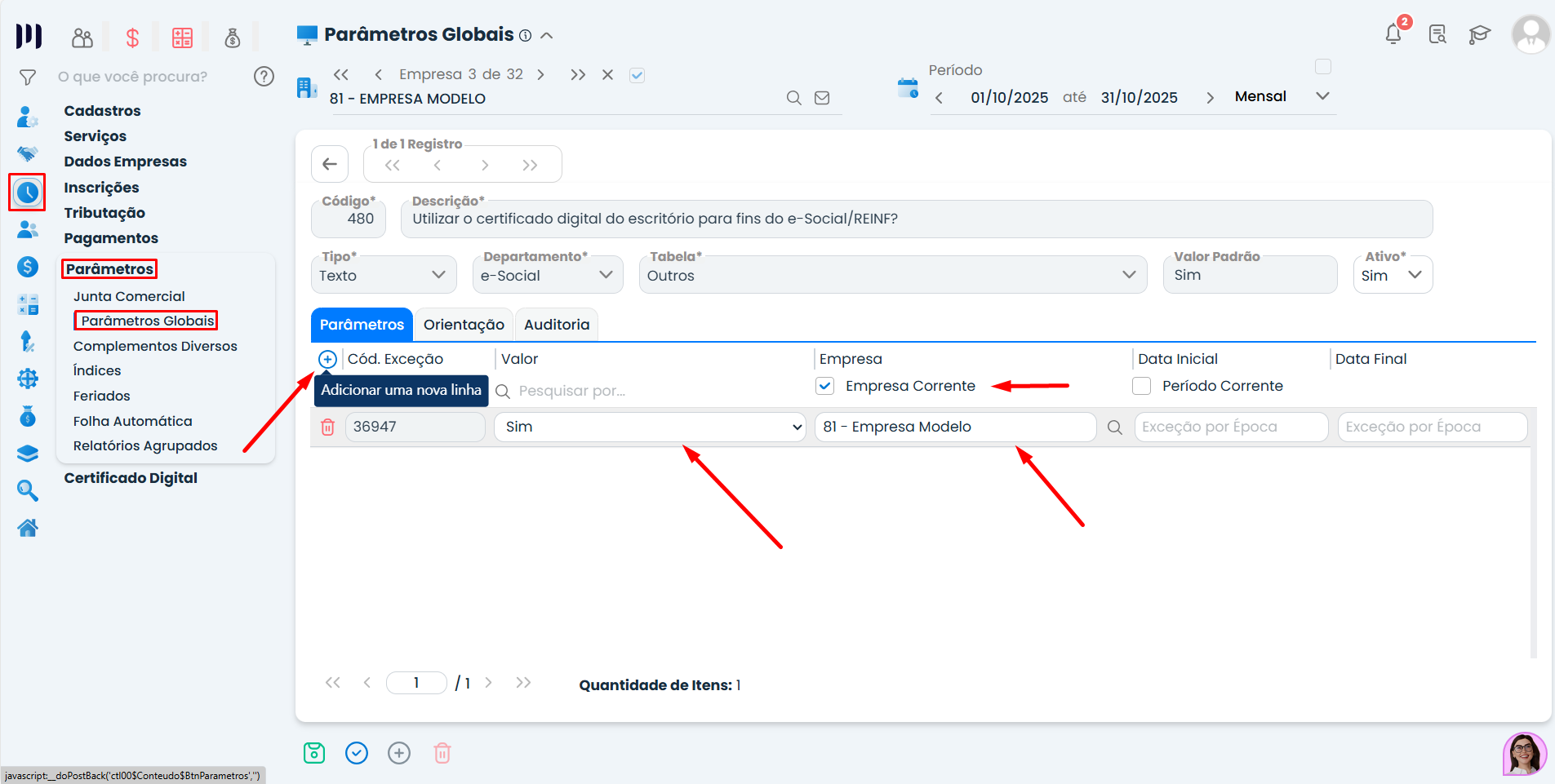 Detalhamento do parâmetro 480 no Sistema Contábil Makro com empresa selecionada para corrigir Falha na geração evento S-2200.