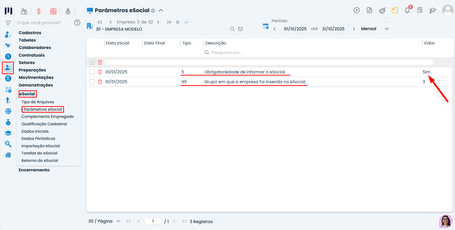 Tela de Parâmetros do eSocial no Sistema Contábil Makro com parâmetros 5 e 99 configurados para evitar Falha na geração evento S-2200.