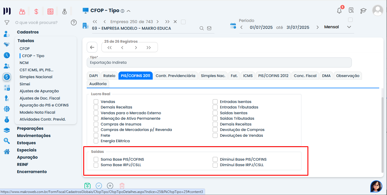 Configuração de base PIS/COFINS e IRPJ/CSLL no Sistema Contábil Makro para assegurar o Cálculo de IRPJ e CSLL na exportação indireta.