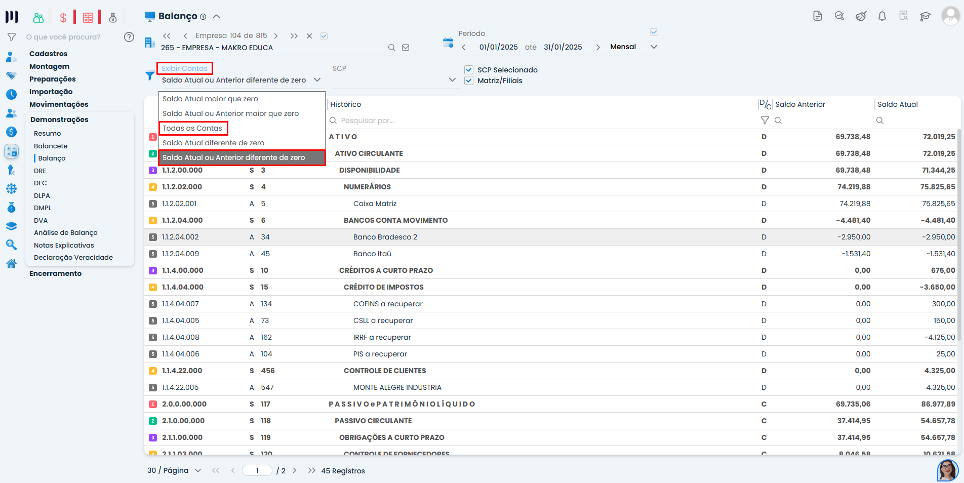 Filtro Exibir Contas no Balanço Patrimonial do Sistema Contábil Makro com opções de saldo diferente de zero selecionadas.