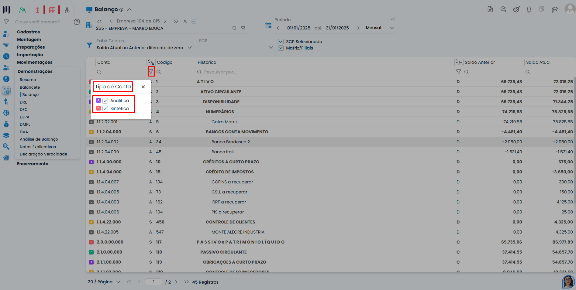 Opções de Tipo de Conta no Balanço Patrimonial do Sistema Contábil Makro com modos analítica e sintética destacados.