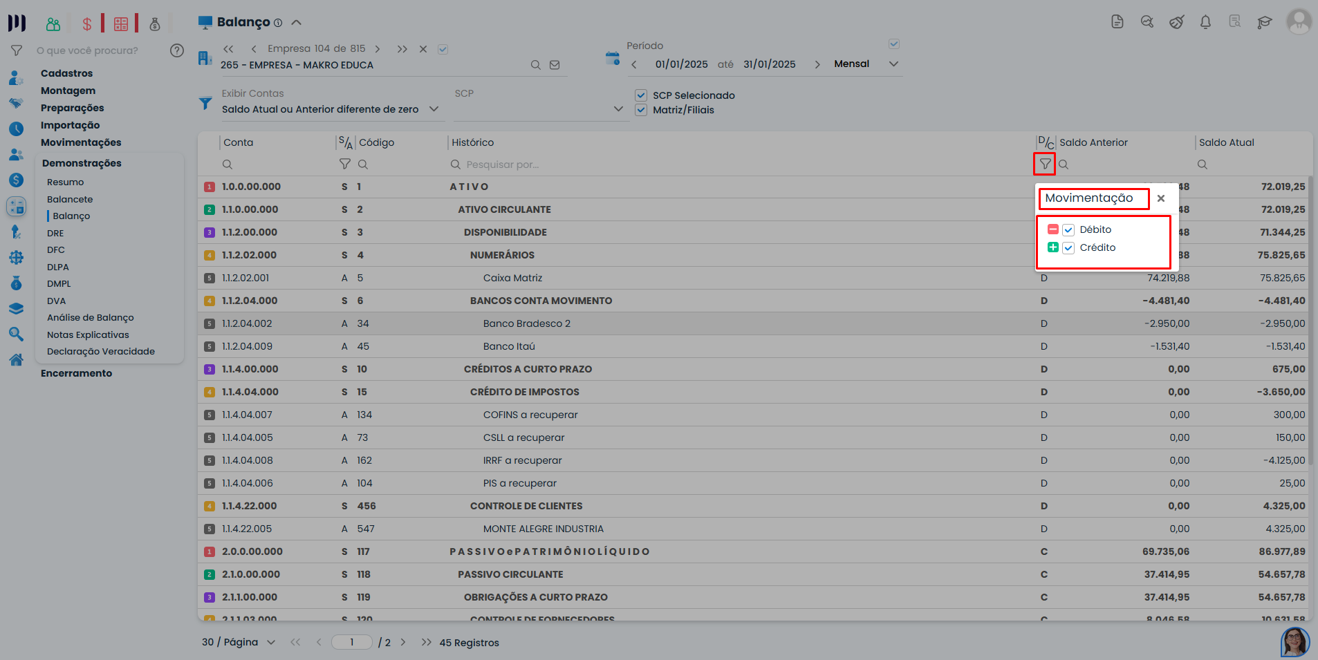 Filtro de movimentação no Balanço Patrimonial do Sistema Contábil Makro com opções débito e crédito marcadas.