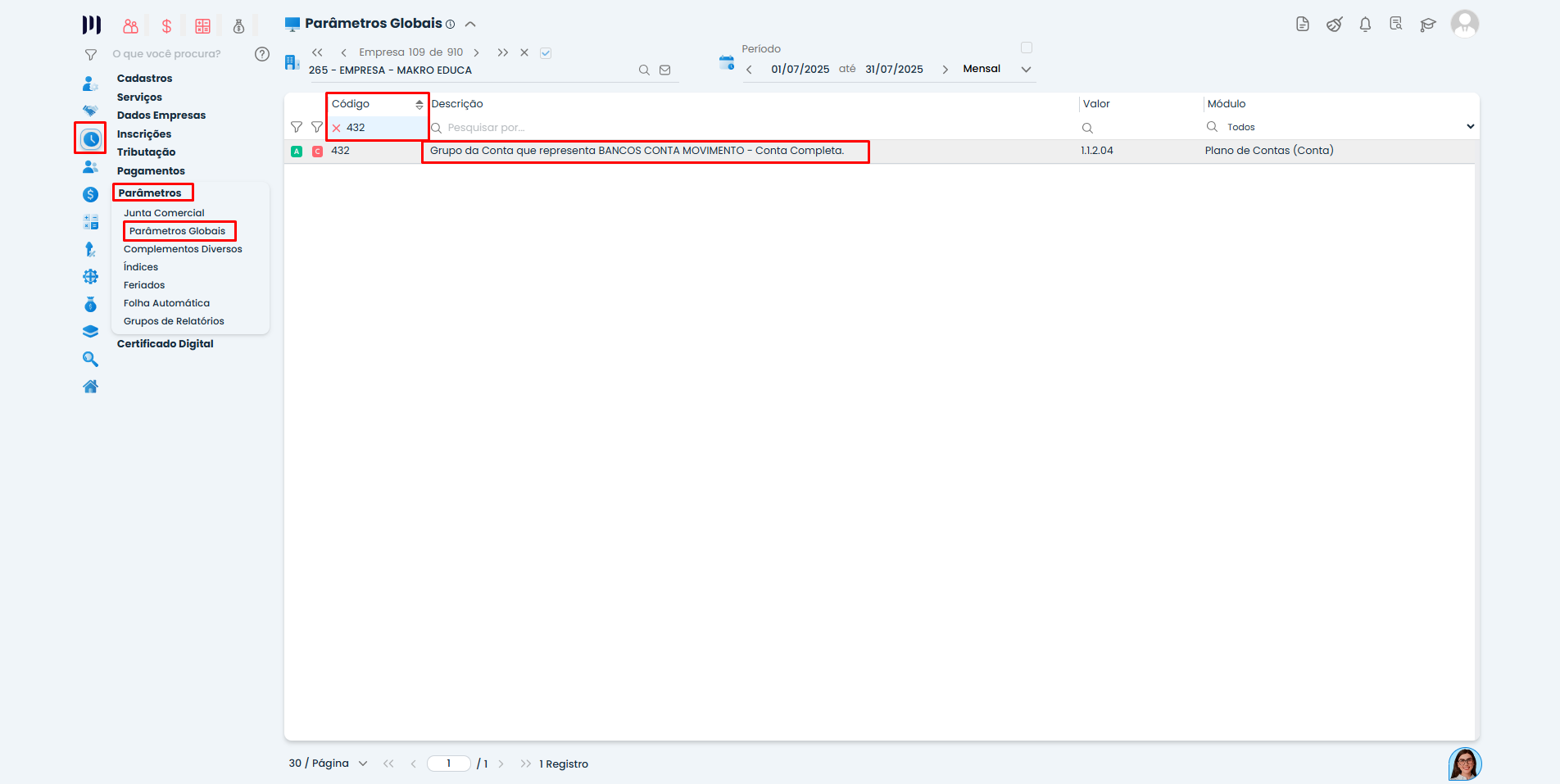 Tela de Parâmetros Globais no Sistema Contábil Makro destacando o código 432 para Geração da DEFIS e grupo de Bancos Conta Movimento.