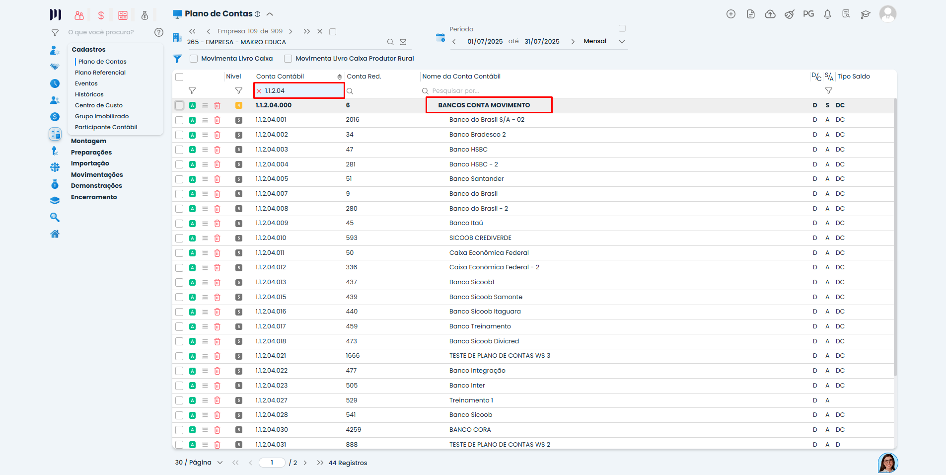 Plano de Contas do Sistema Contábil Makro com grupo Bancos Conta Movimento selecionado para correta Geração da DEFIS.