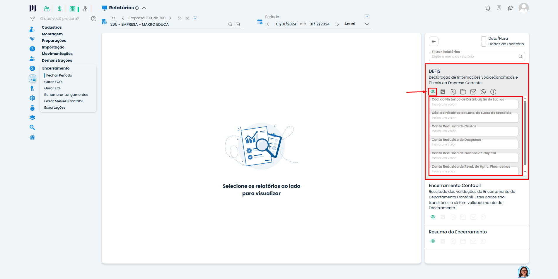Tela de Relatórios no Sistema Contábil Makro com opção DEFIS destacada para Geração da DEFIS anual.
