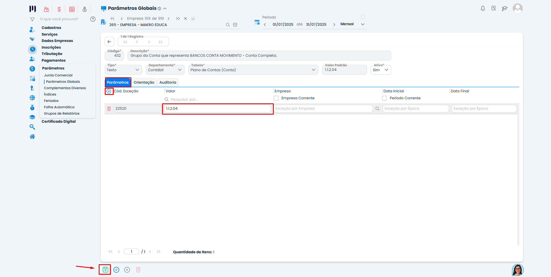 Cadastro do parâmetro 432 no Sistema Contábil Makro com código do grupo bancário preenchido para Geração da DEFIS.
