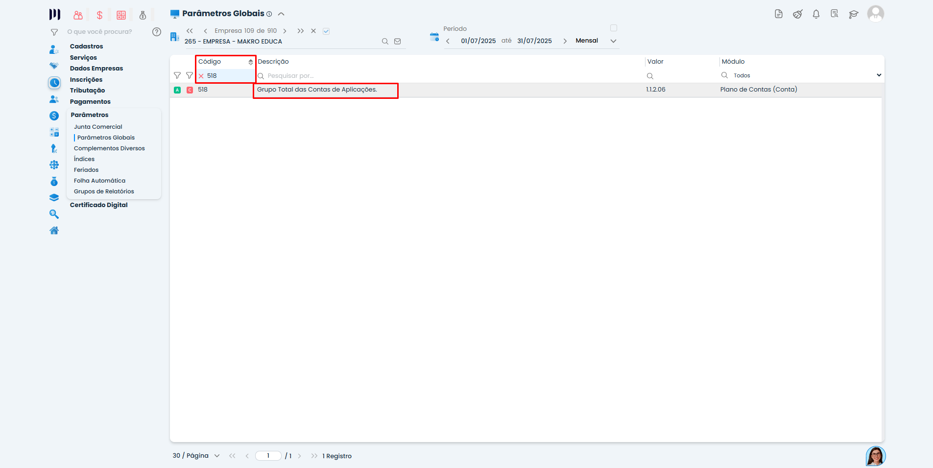Tela de Parâmetros Globais no Sistema Contábil Makro exibindo código 518 para Geração da DEFIS e grupo de Aplicações.