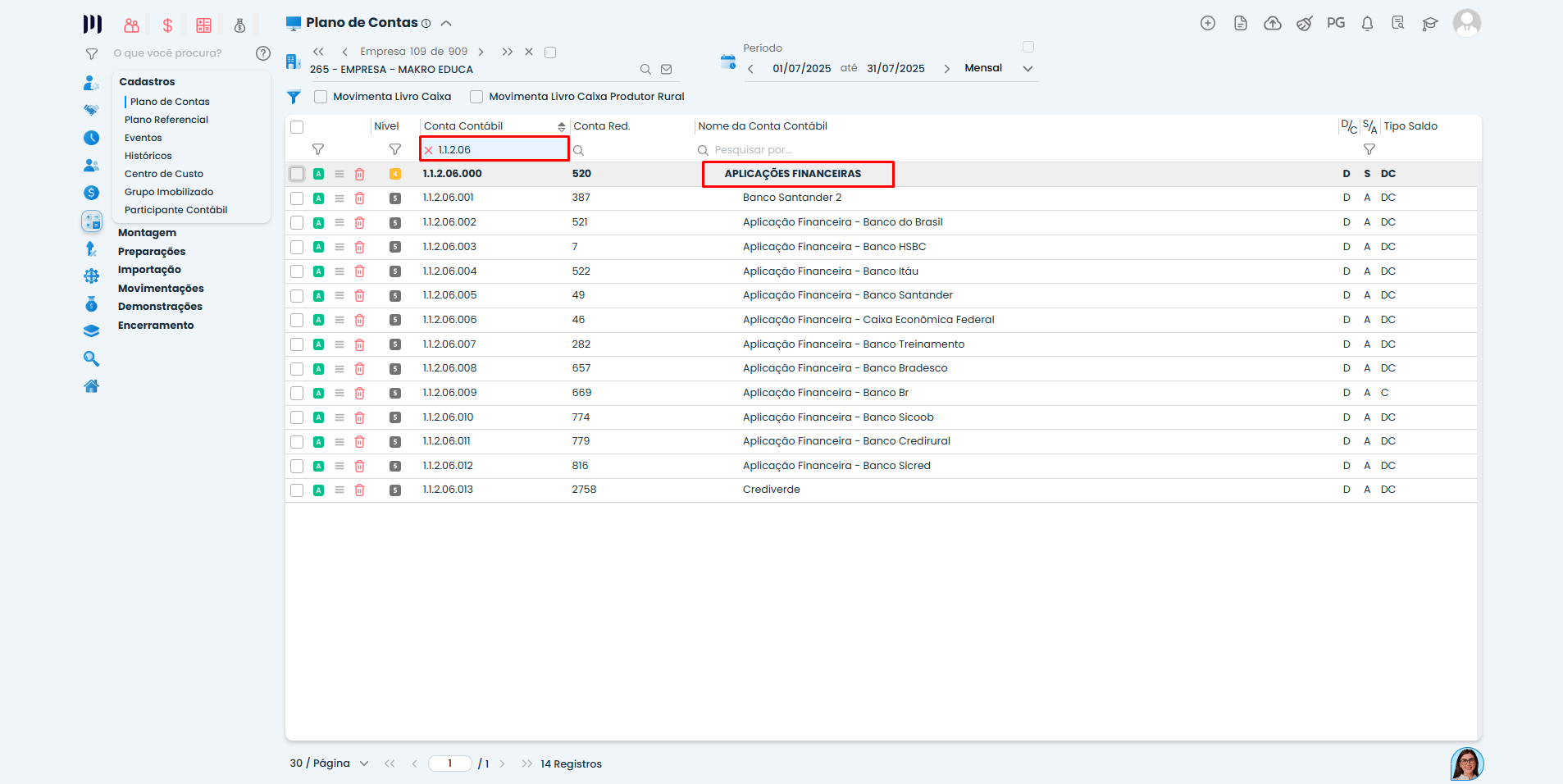 Plano de Contas do Sistema Contábil Makro com grupo Aplicações Financeiras selecionado para Geração da DEFIS.
