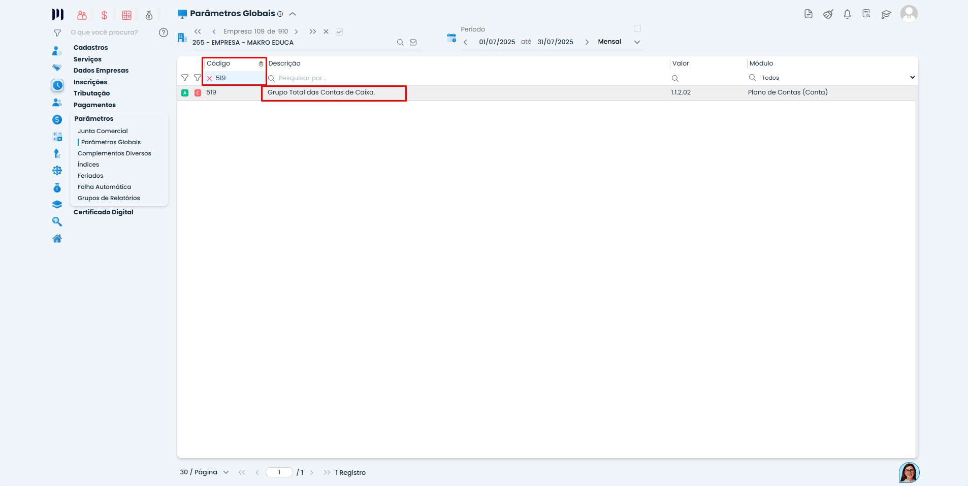 Tela de Parâmetros Globais no Sistema Contábil Makro exibindo código 519 para Geração da DEFIS e contas de Caixa.