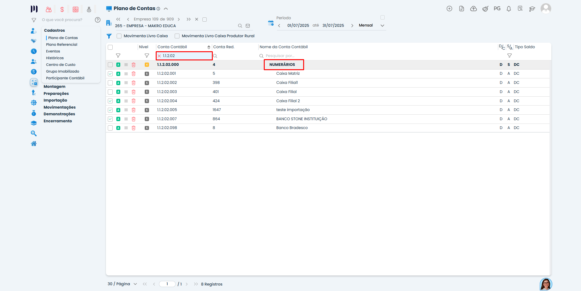 Plano de Contas do Sistema Contábil Makro com grupo Caixa e Equivalentes selecionado para Geração da DEFIS.