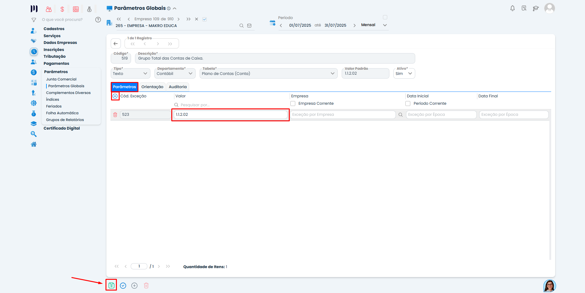 Configuração do parâmetro 519 no Sistema Contábil Makro com código do grupo de Caixa para Geração da DEFIS.