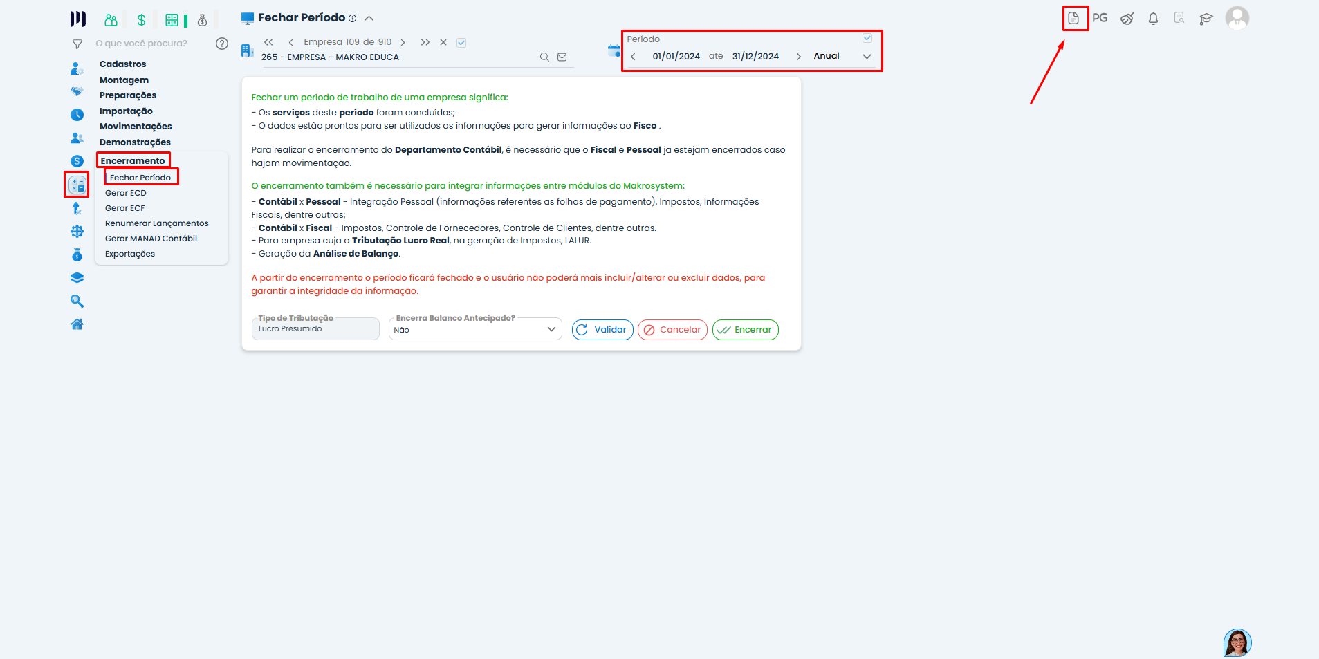 Tela Fechar Período no Sistema Contábil Makro com período anual selecionado para Geração da DEFIS.