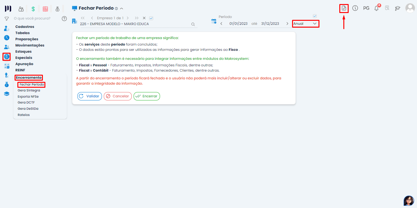 Tela de Fechar Período no Sistema Contábil Makro com opção anual selecionada para Geração de DEFIS e botão de acessar relatórios em destaque.