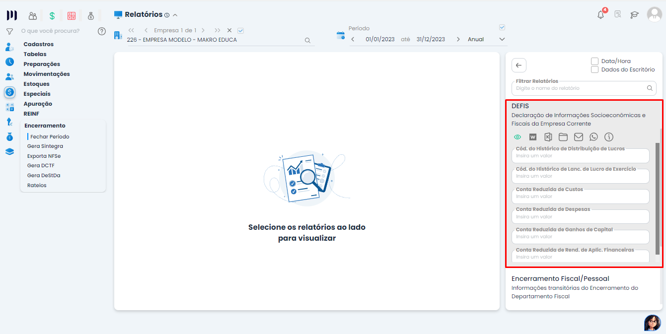 Tela de Relatórios no Sistema Contábil Makro destacando a área da DEFIS para Geração de DEFIS anual com campos de códigos e contas reduzidas.