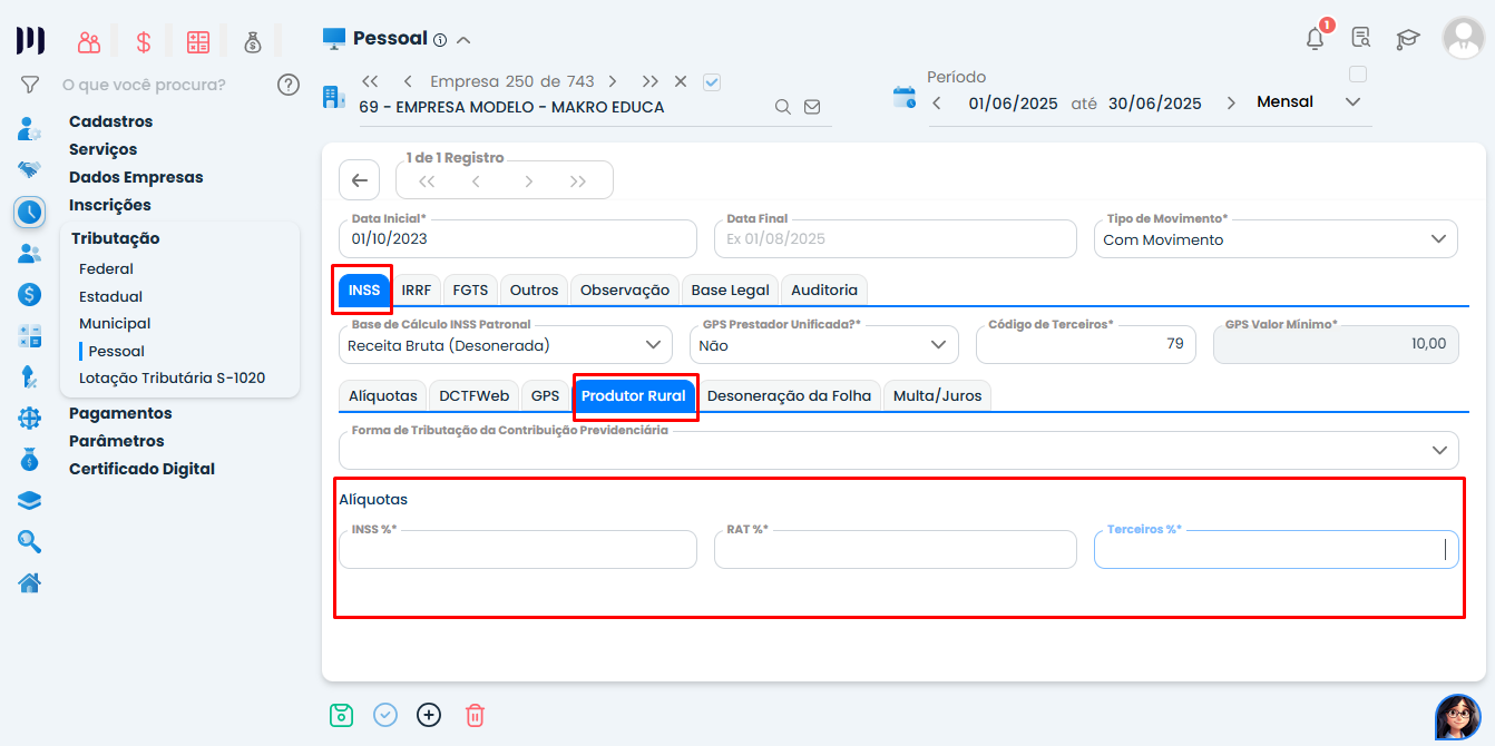 Tela de cadastro de alíquotas INSS Produtor Rural no Sistema Contábil Makro para configuração do Evento R-2055 na EFD-Reinf com campos destacados.