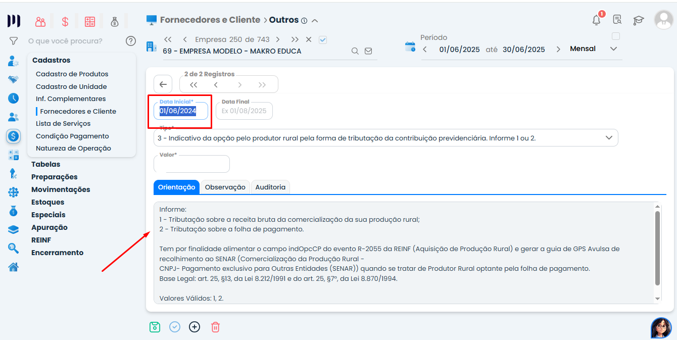 Tela Outros do cadastro com campo indicativo de tributação no Sistema Contábil Makro para configurar o Evento R-2055 na EFD-Reinf.