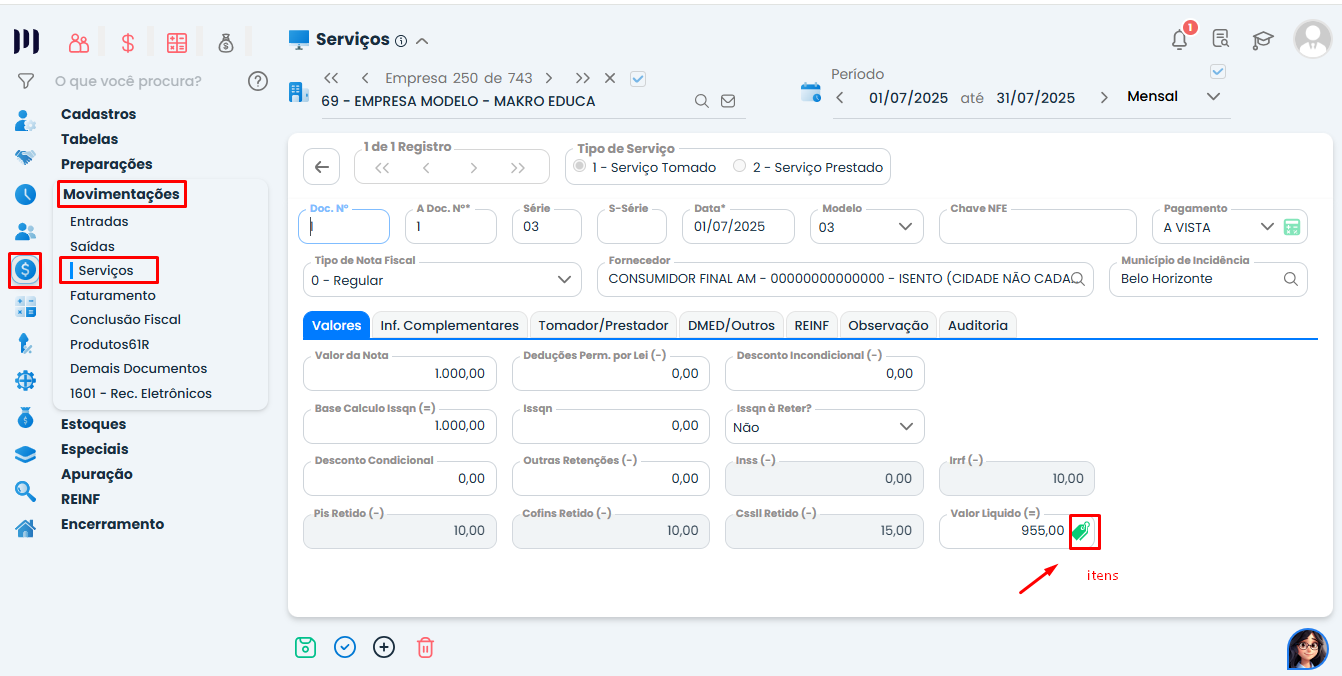 Tela de lançamento de serviços no Sistema Contábil Makro com menu Movimentações > Serviços destacado para gerar Evento R-4020 na EFD-Reinf.