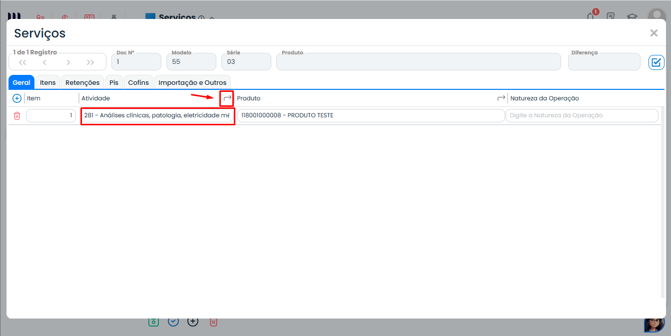 Janela de itens da nota no Sistema Contábil Makro com campo Atividade selecionado para configurar Evento R-4020 na EFD-Reinf.
