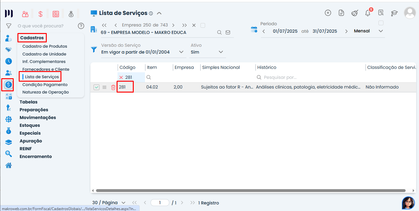 Lista de Serviços no Sistema Contábil Makro com código 281 destacado para parametrizar Evento R-4020 na EFD-Reinf.