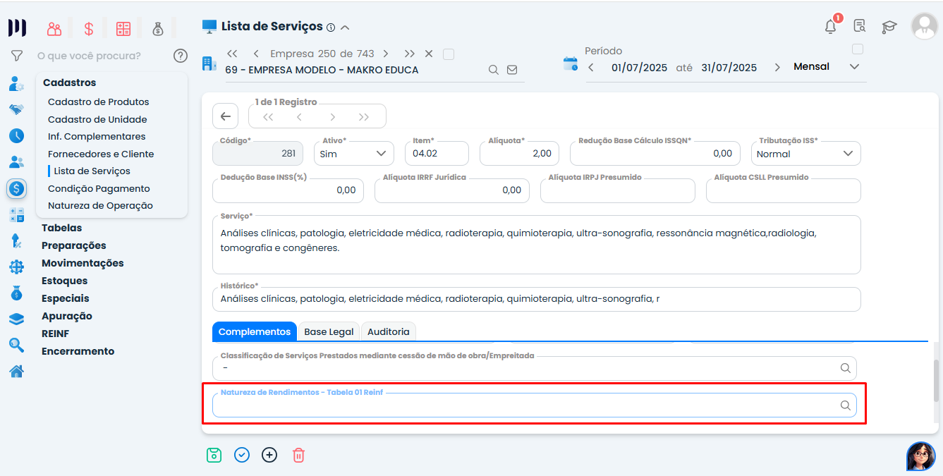 Tela de cadastro de serviço no Sistema Contábil Makro com campo Natureza de Rendimento para Evento R-4020 na EFD-Reinf.