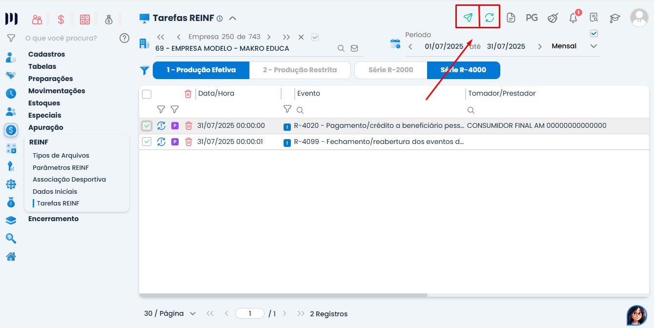 Tela de envio na aba Série R-4000 do Sistema Contábil Makro com ícone de transmitir Evento R-4020 na EFD-Reinf.