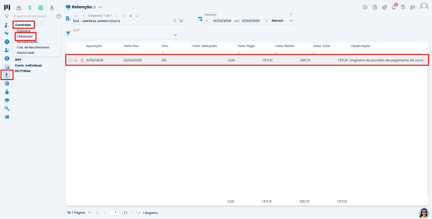 Tela de Retenção no Sistema Contábil Makro exibindo registro de Geração do IRRF sobre JCP com valores apurados e período destacado.