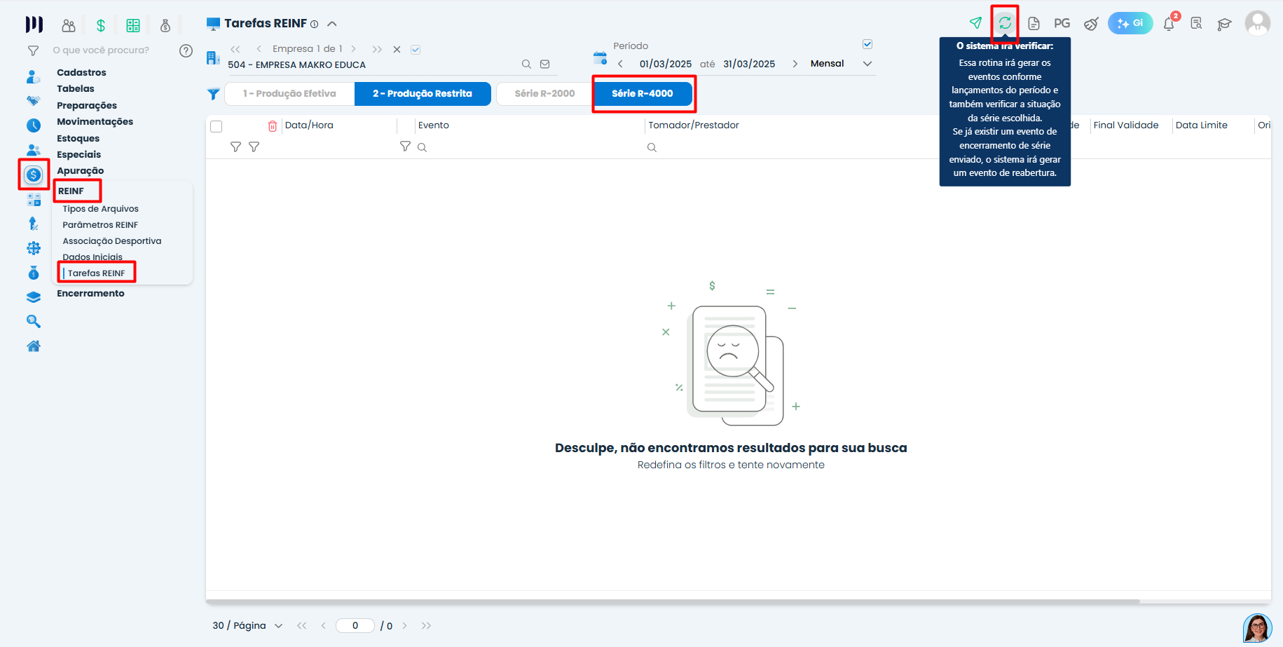 Tela Tarefas REINF no Sistema Contábil Makro com Série R-4000 selecionada para Geração do IRRF e envio dos eventos à Receita Federal.
