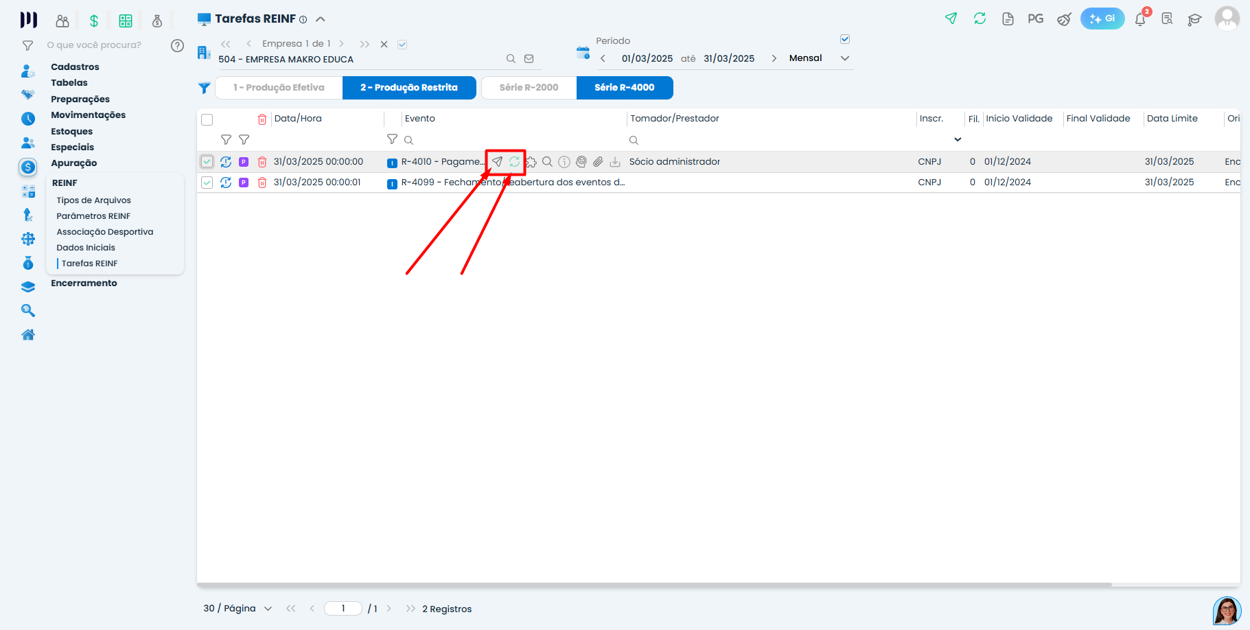 Eventos R-4010 e R-4020 exibidos no Sistema Contábil Makro após Geração do IRRF, com opção de envio destacada para transmissão.