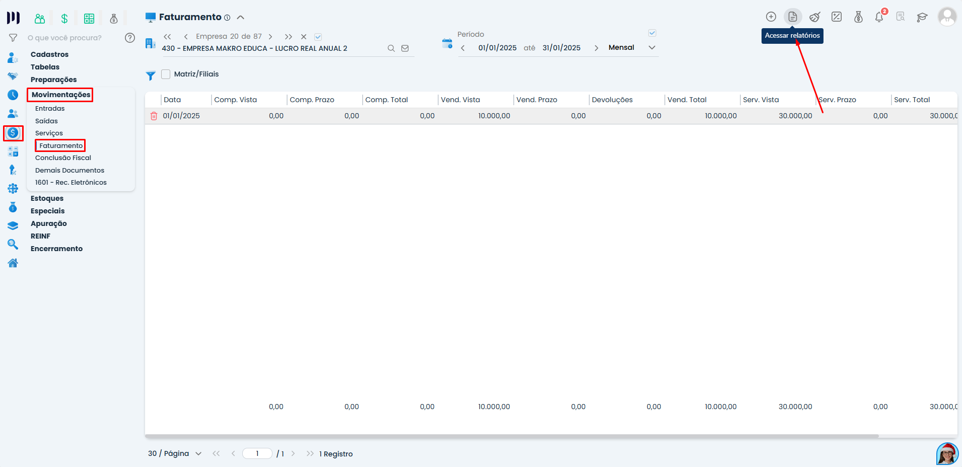 Tela de faturamento do Sistema Contábil Makro com menu Fiscal e Movimentações visíveis, destacando o acesso aos relatórios do Resumo Faturamento Banco.