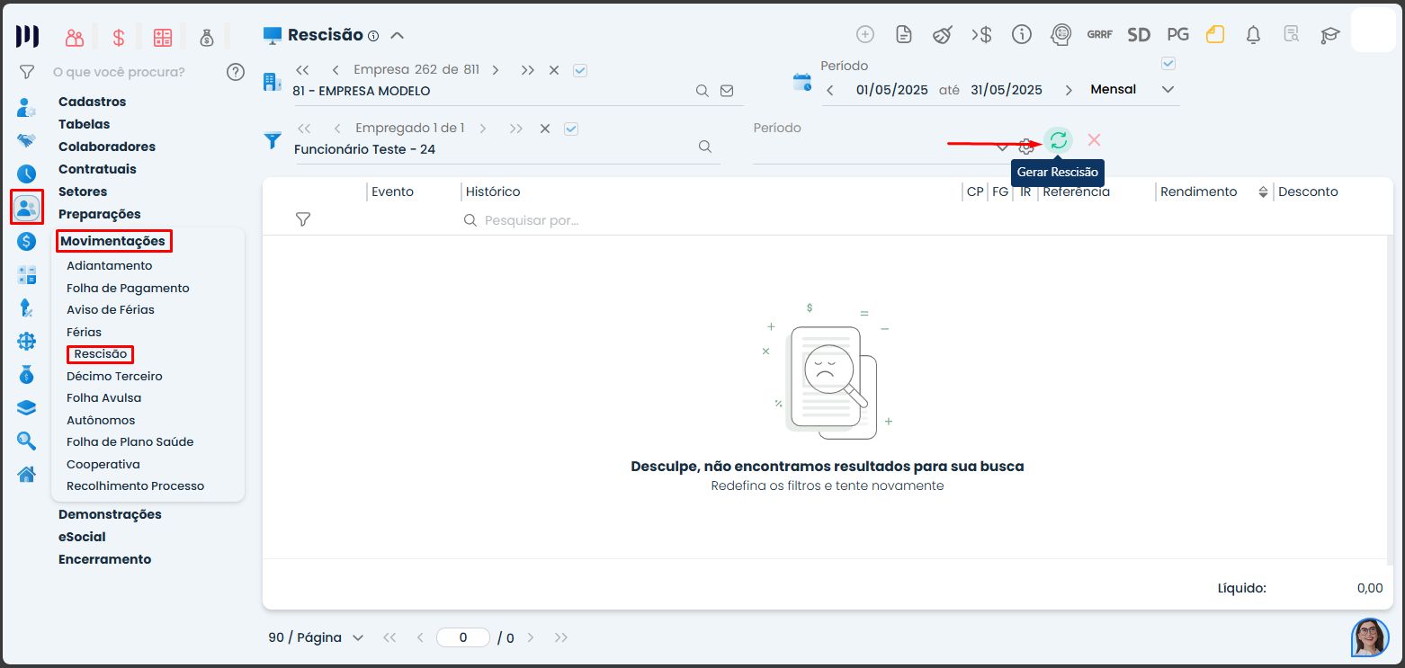 Tela do Sistema Contábil Makro em Movimentações > Rescisão com opção Gerar Rescisão para rescisão por falecimento de um empregado destacada.