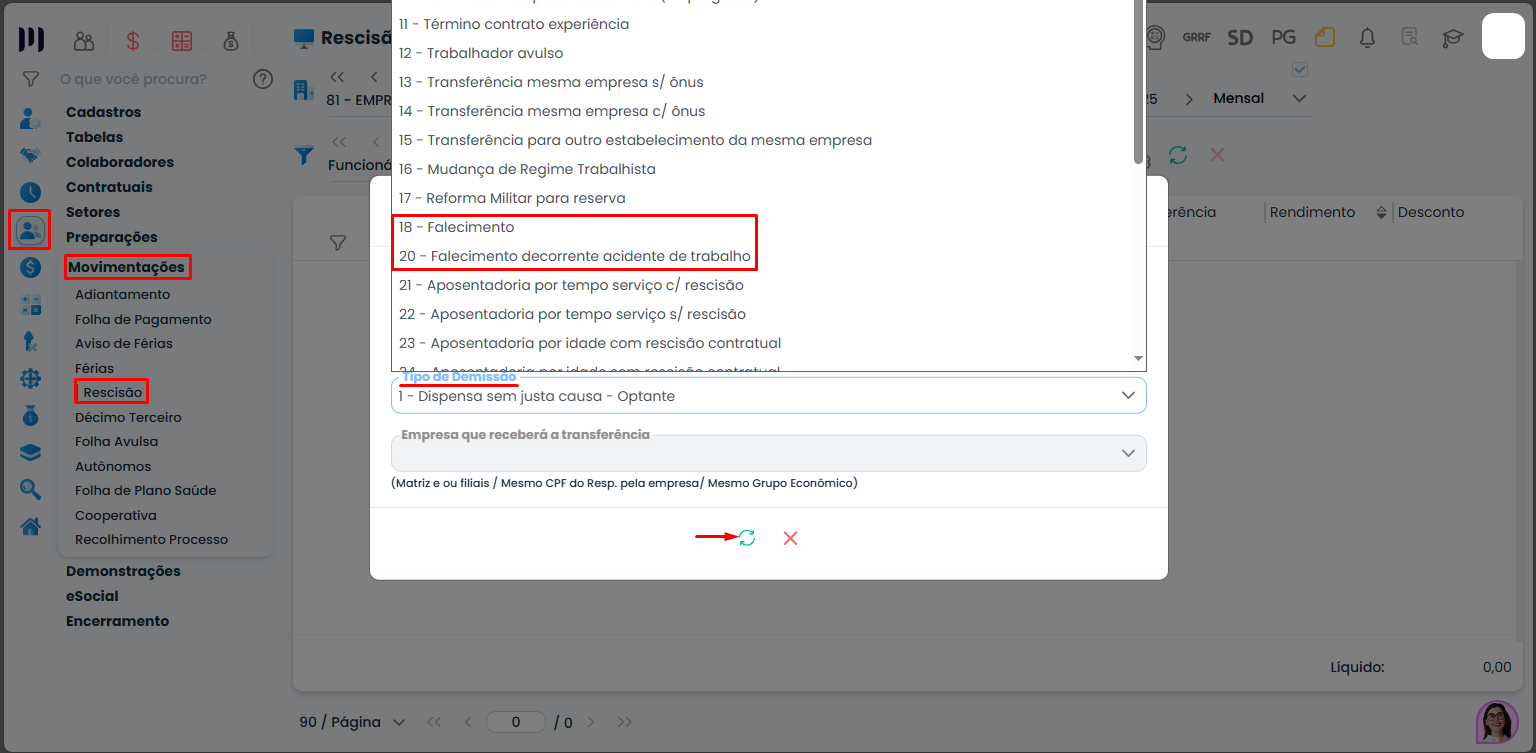 Janela do Sistema Contábil Makro exibindo Tipo de Demissão 18 e 20 para rescisão por falecimento de um empregado no cadastro de rescisão.
