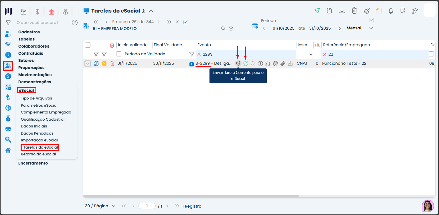 Tela de Tarefas do eSocial no Sistema Contábil Makro com evento S-2299 para concluir rescisão por falecimento de um empregado.