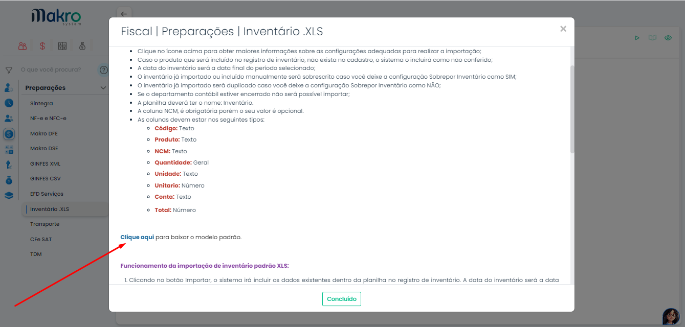 Tela do Sistema Contábil Makro na opção Preparações > Inventário XLS, destacando a função de Inventário por planilha para importar estoque.