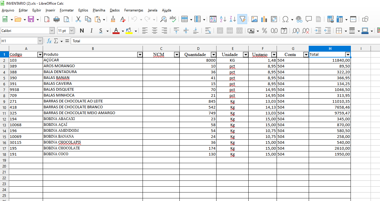 Planilha padrão de Inventário por planilha com colunas Código, Produto, NCM, Quantidade e Total utilizada no Sistema Contábil Makro.
