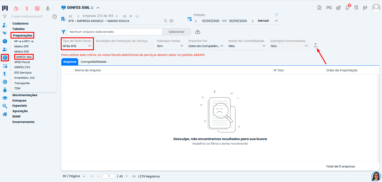 Tela do módulo GINFES XML no Sistema Contábil Makro com opção NFSe RFB selecionada para Importação de NFSe em Belo Horizonte MG.