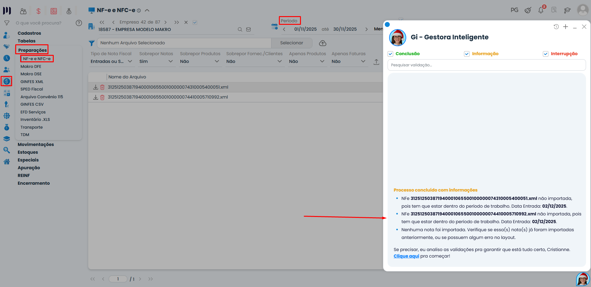 Tela do Sistema Contábil Makro exibindo erro na importação de XML de nota fiscal no período corrente, com período fechado e alerta informativo destacado.