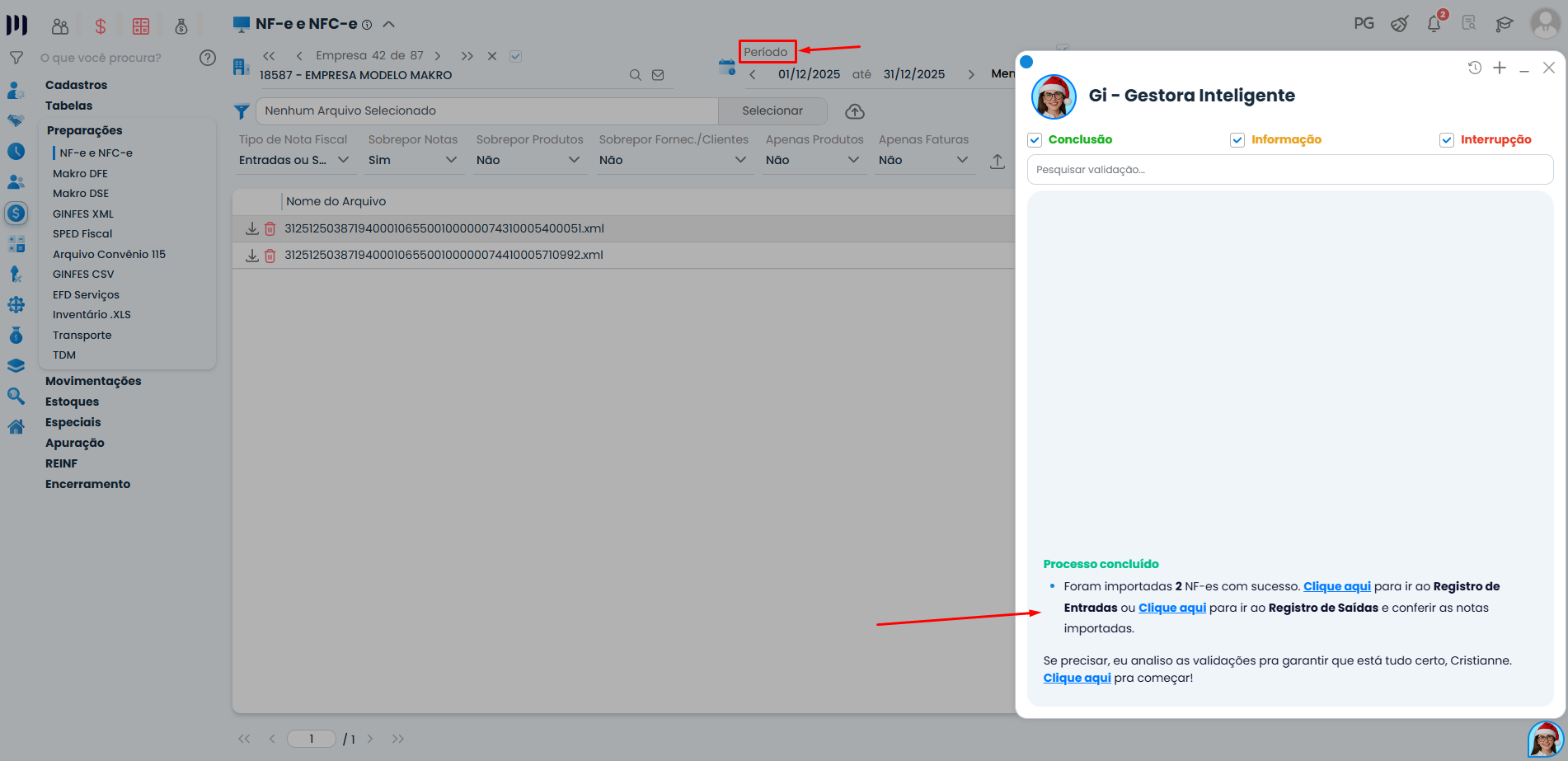 Tela do Sistema Contábil Makro com importação concluída de nota fiscal no período corrente, após ajuste correto do período fiscal no sistema.