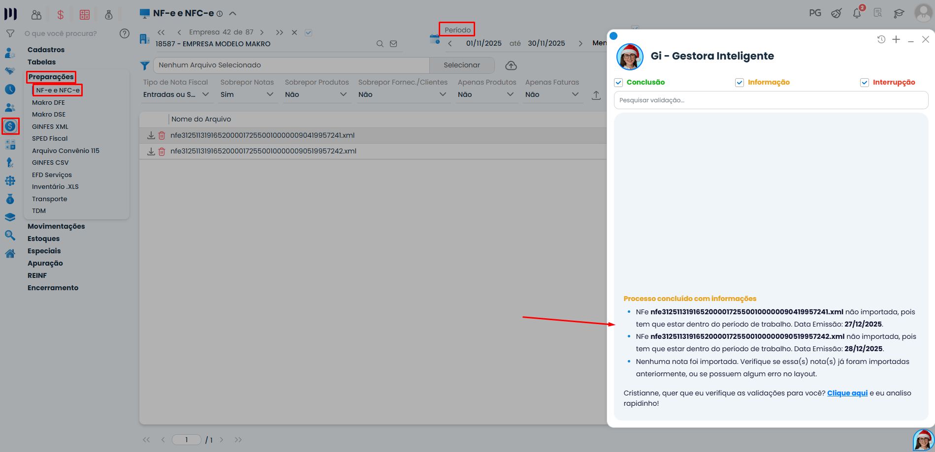 Tela do Sistema Contábil Makro exibindo aviso de período divergente ao realizar a Importação de nota fiscal no período corrente com NF fora da competência.