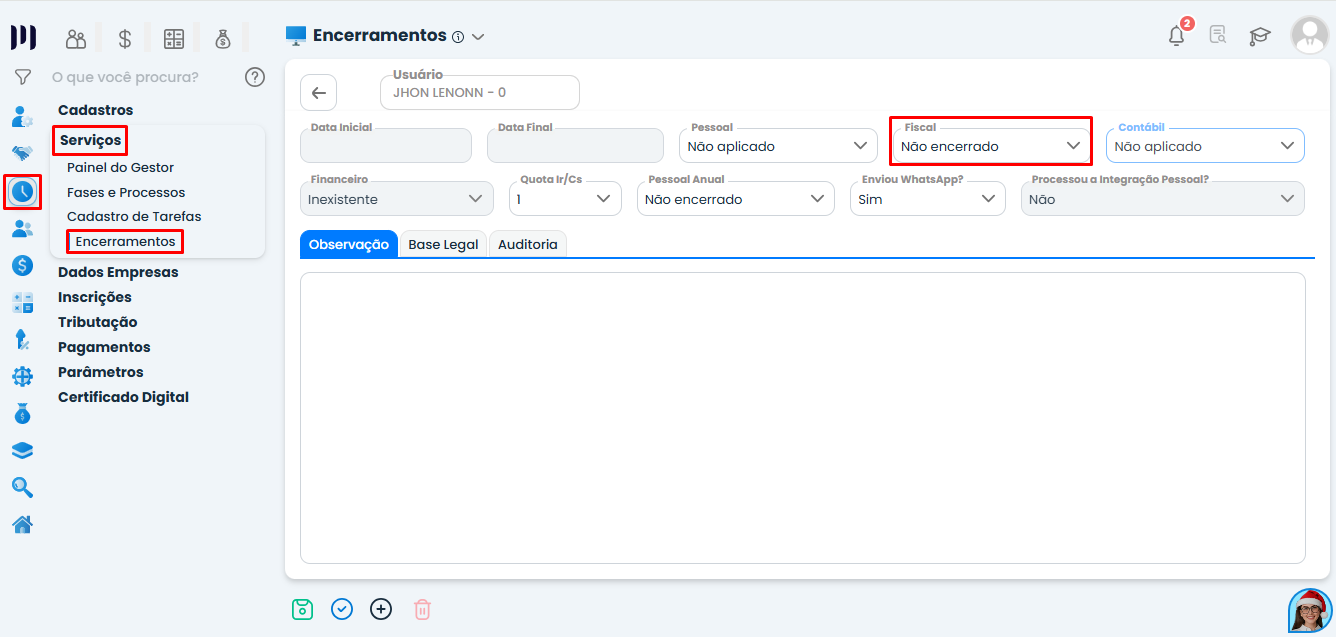Tela de Encerramentos no Sistema Contábil Makro com opção Fiscal marcada como Não encerrado para habilitar saldo de implantação no período anterior.