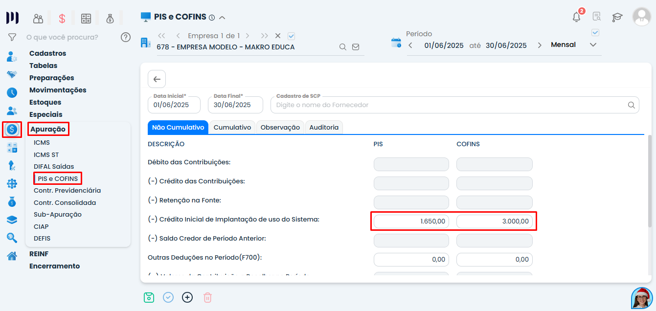 Tela de Apuração PIS e COFINS no Sistema Contábil Makro exibindo campo Crédito Inicial de Implantação preenchido com valores do saldo de implantação.