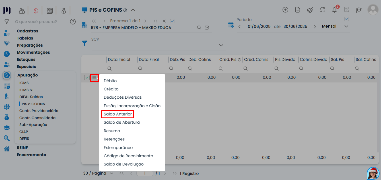 Menu da apuração PIS e COFINS no Sistema Contábil Makro destacando opção Saldo Anterior para inclusão do saldo de implantação.