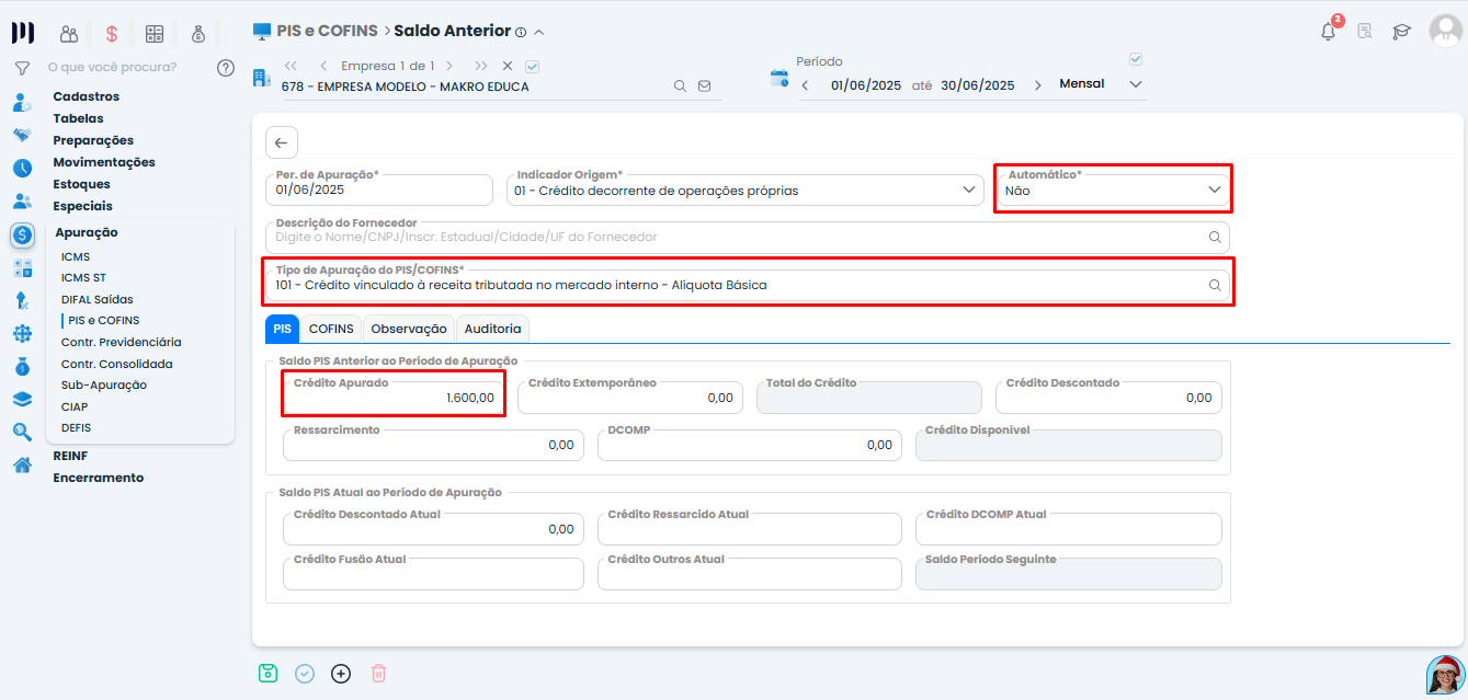 Tela Saldo Anterior de PIS no Sistema Contábil Makro com crédito apurado preenchido referente ao saldo de implantação informado.