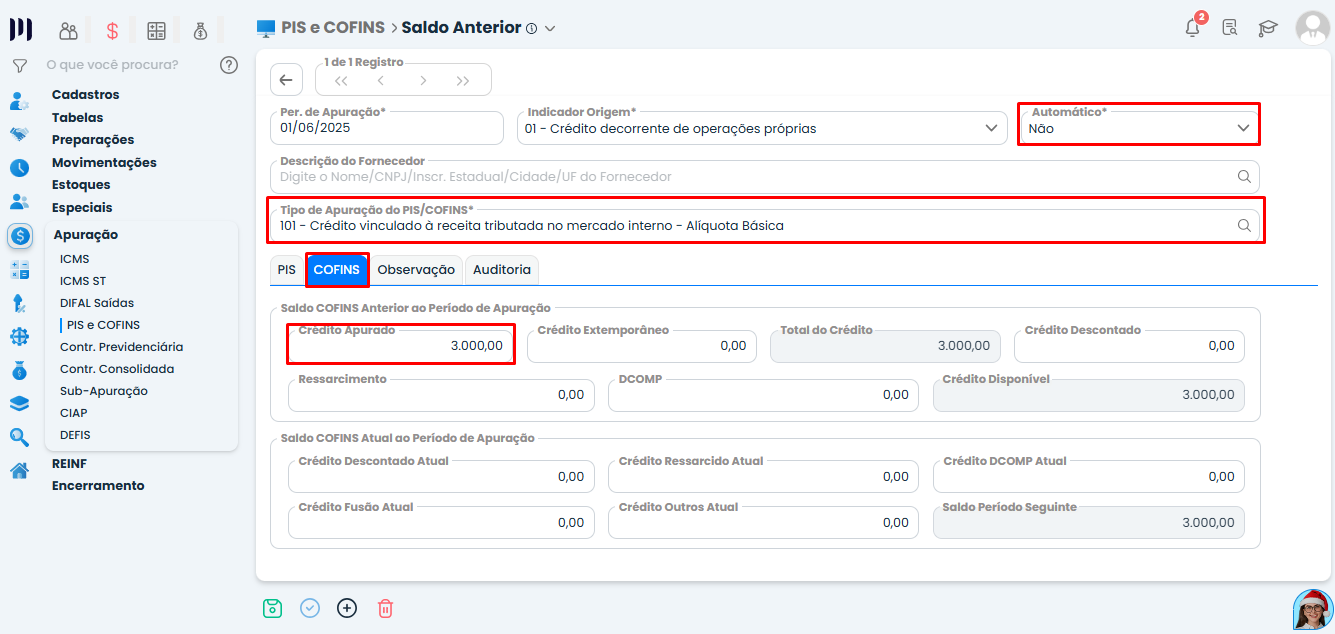 Tela Saldo Anterior de COFINS no Sistema Contábil Makro com crédito apurado informado conforme saldo de implantação.