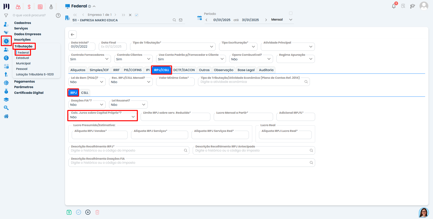 Tela de Tributação Federal no Sistema Contábil Makro com opção de cálculo de Capital Próprio - Parte 1 destacada na aba IRPJ.