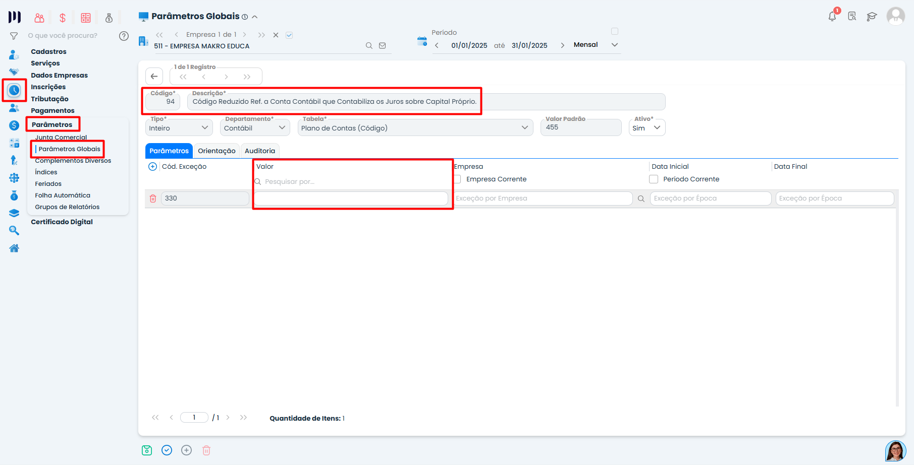 Tela de Parâmetros Globais no Sistema Contábil Makro exibindo o parâmetro 94 para Capital Próprio - Parte 1 com campo valor destacado.