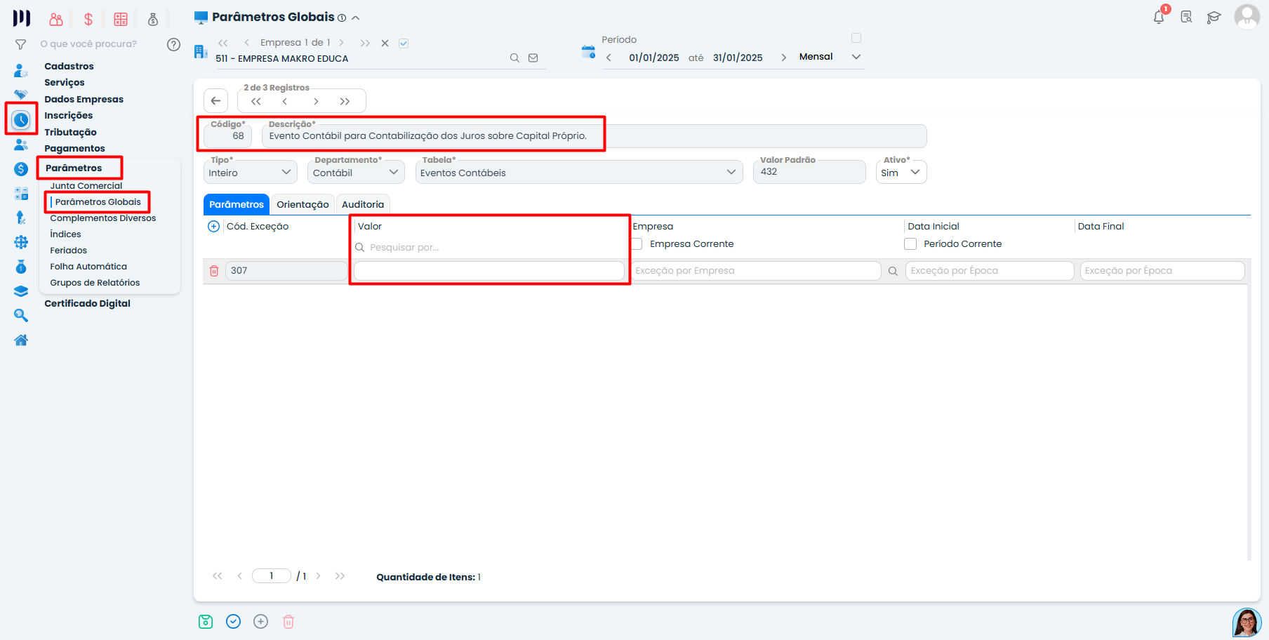 Parâmetros Globais do Sistema Contábil Makro mostrando configuração do evento contábil para Capital Próprio - Parte 1.