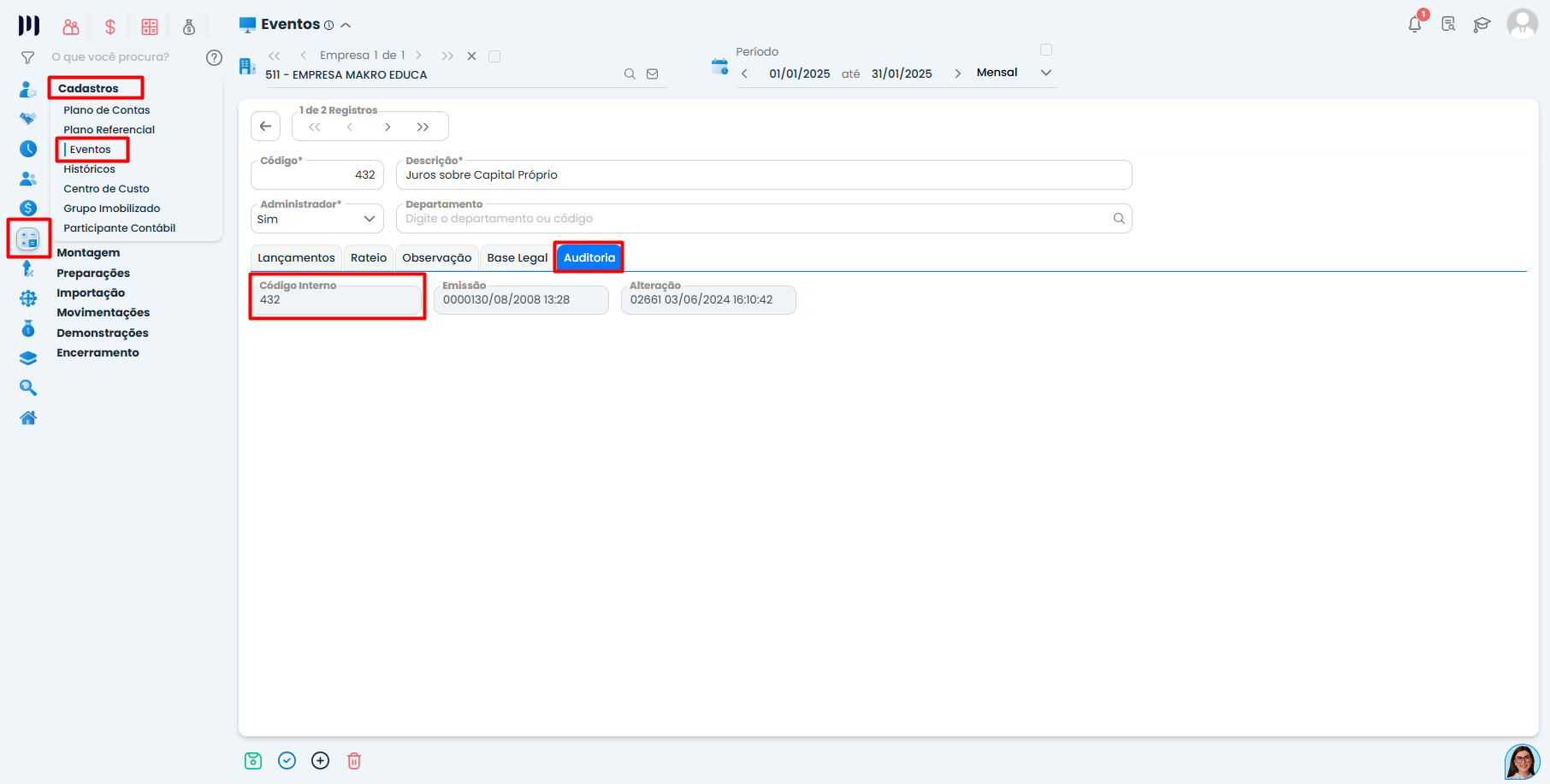 Cadastro de Eventos no Sistema Contábil Makro com código interno do evento de Capital Próprio - Parte 1 destacado.