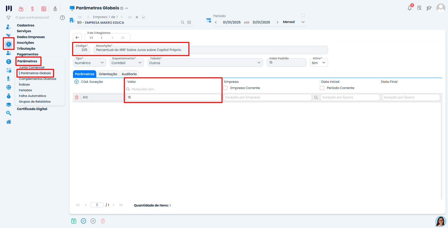 Parâmetros Globais no Sistema Contábil Makro com percentual de IRRF do Capital Próprio - Parte 1 configurado no parâmetro 235.