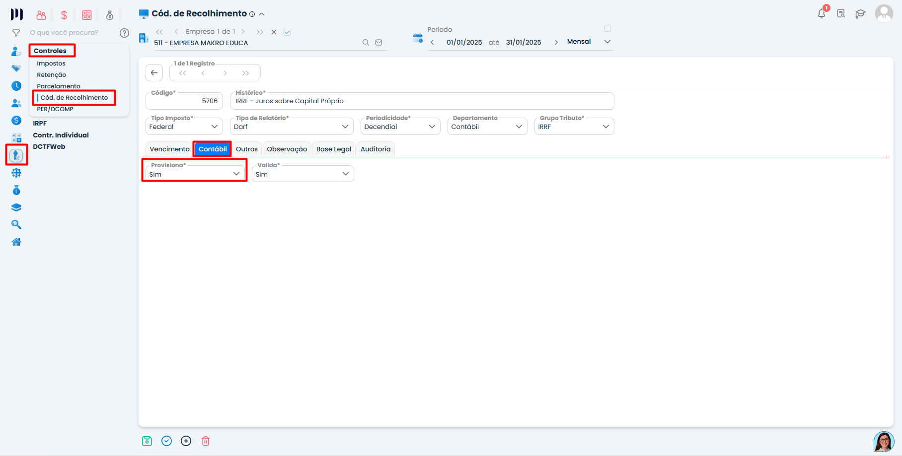 Tela do Sistema Contábil Makro na aba Código de Recolhimento com Provisiona marcado como SIM para Juros sobre Capital Próprio.